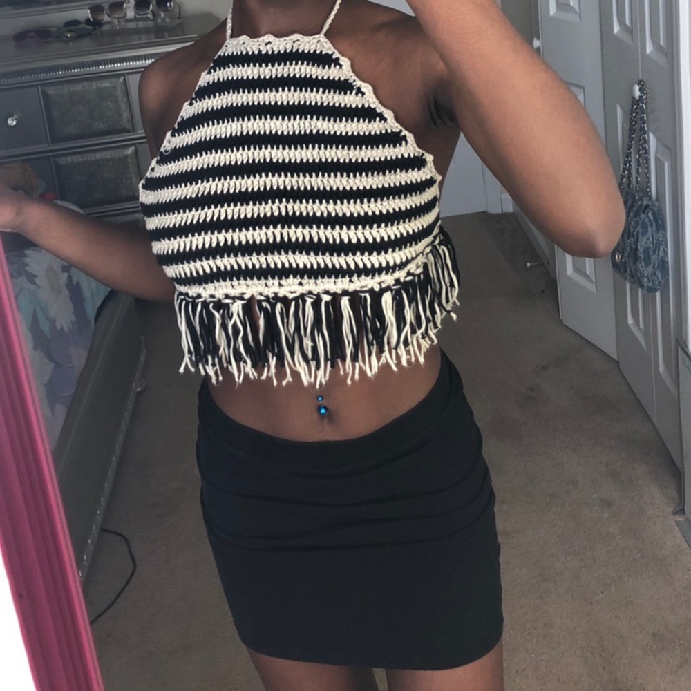 Black and White Striped Fringe Crop Top